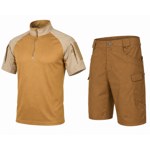 Combatant Raider Core tactical summer suit — short-sleeve top & shorts, Rip‑Stop PolyCotton SPECPROM, Coyote