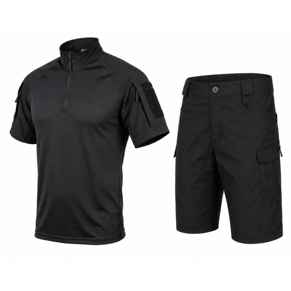 Combatant Raider Core tactical summer suit with Ubaks — short-sleeve top & shorts, Rip-Stop PolyCotton SPECPROM, Black